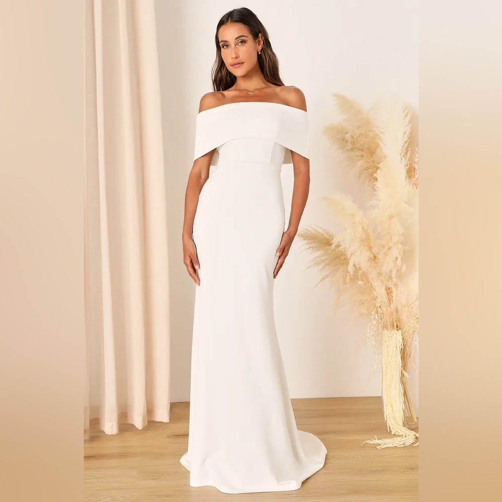 Lulu's Elegant Off-Shoulder White Wedding Dress